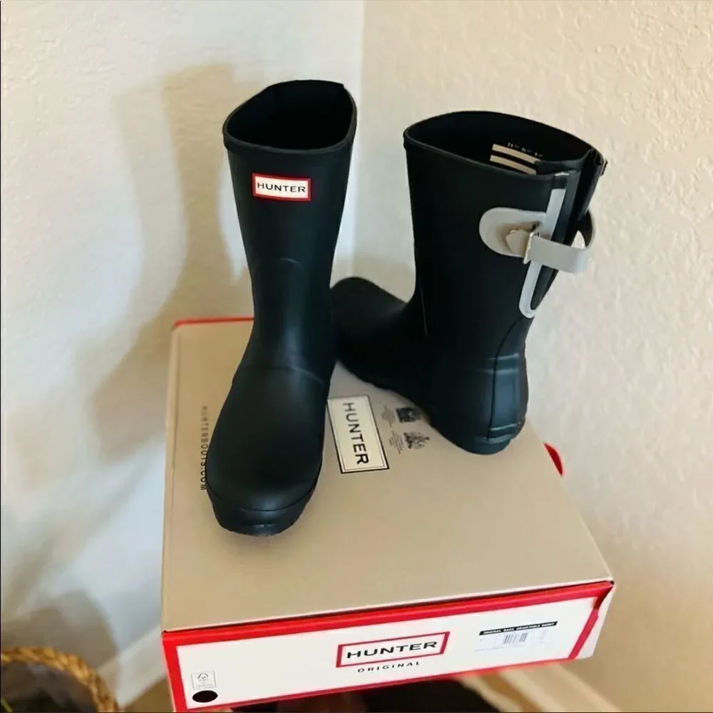 HUNTER Original Short Back Adjustable Rain Boot, BLACK GRAY Size 8 9 10 & 11 NWT